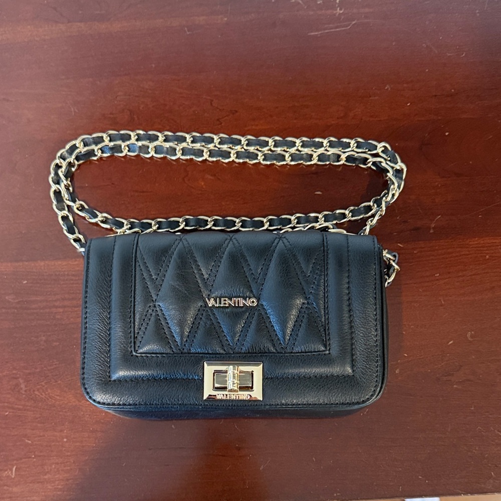 Valentino Black Quilted Leather Crossbody with Gold Chain